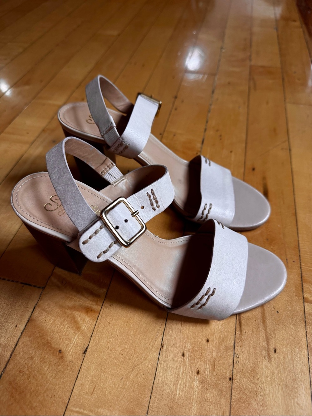 Seychelles Taupe Open-Toe Block Heel Sandals with Gold Buckle